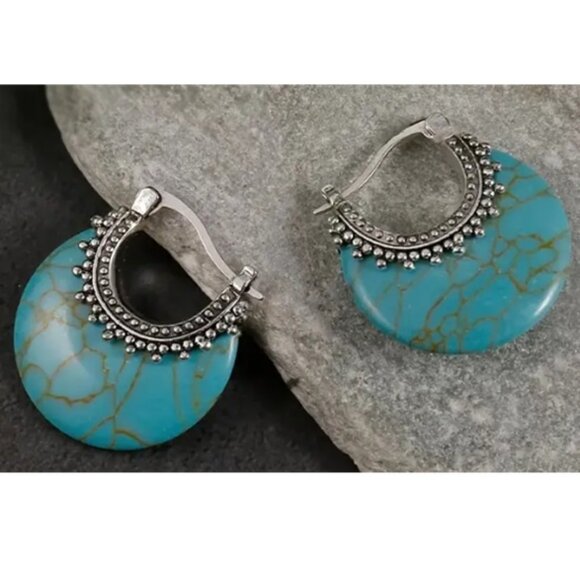 Crescent Hoop Earrings Synthetic Turquoise Stone & Silver Electro-Plated - Picture 2 of 3
